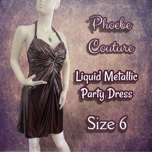 Phoebe Couture Liquid Chrome Metallic Knot Halter Stretch Cocktail Dress Size 6